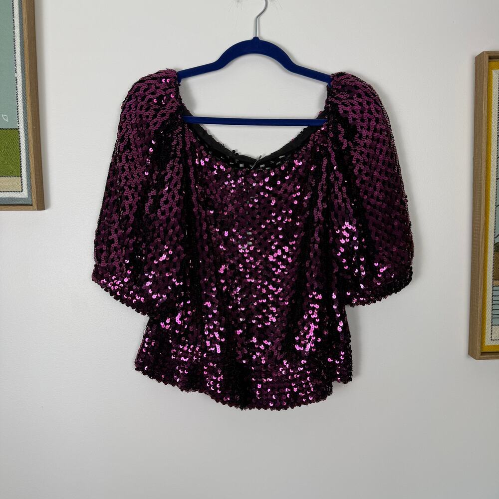 Vintage purple sequin short puff sleeve top